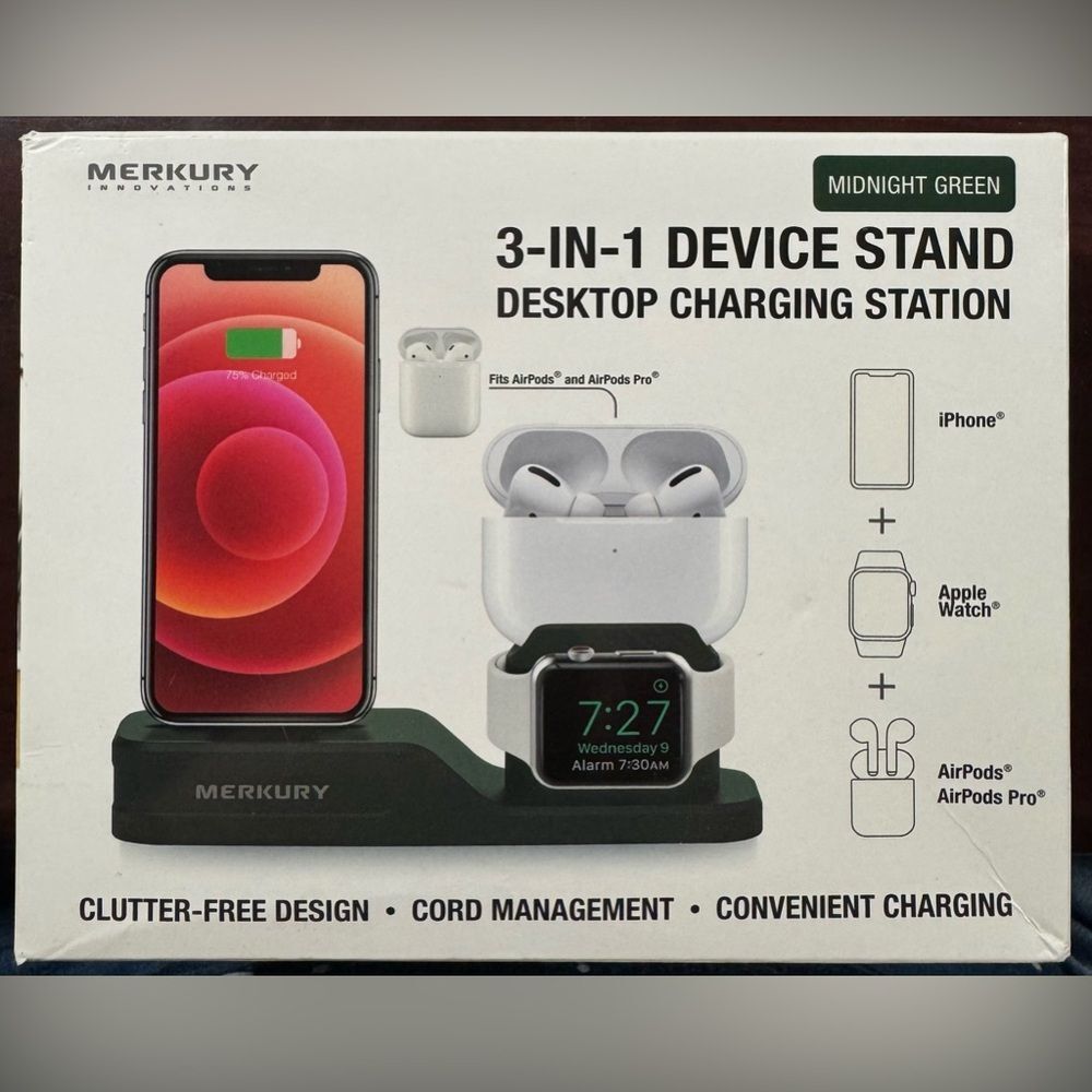 Merkury Innovations Midnight Green 3-In-1 Device Stand Desktop Charging Station